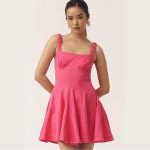 Anthropologie Pink Fit & Flare Mini Dress Size L Ruched Strap Back Zip NWT